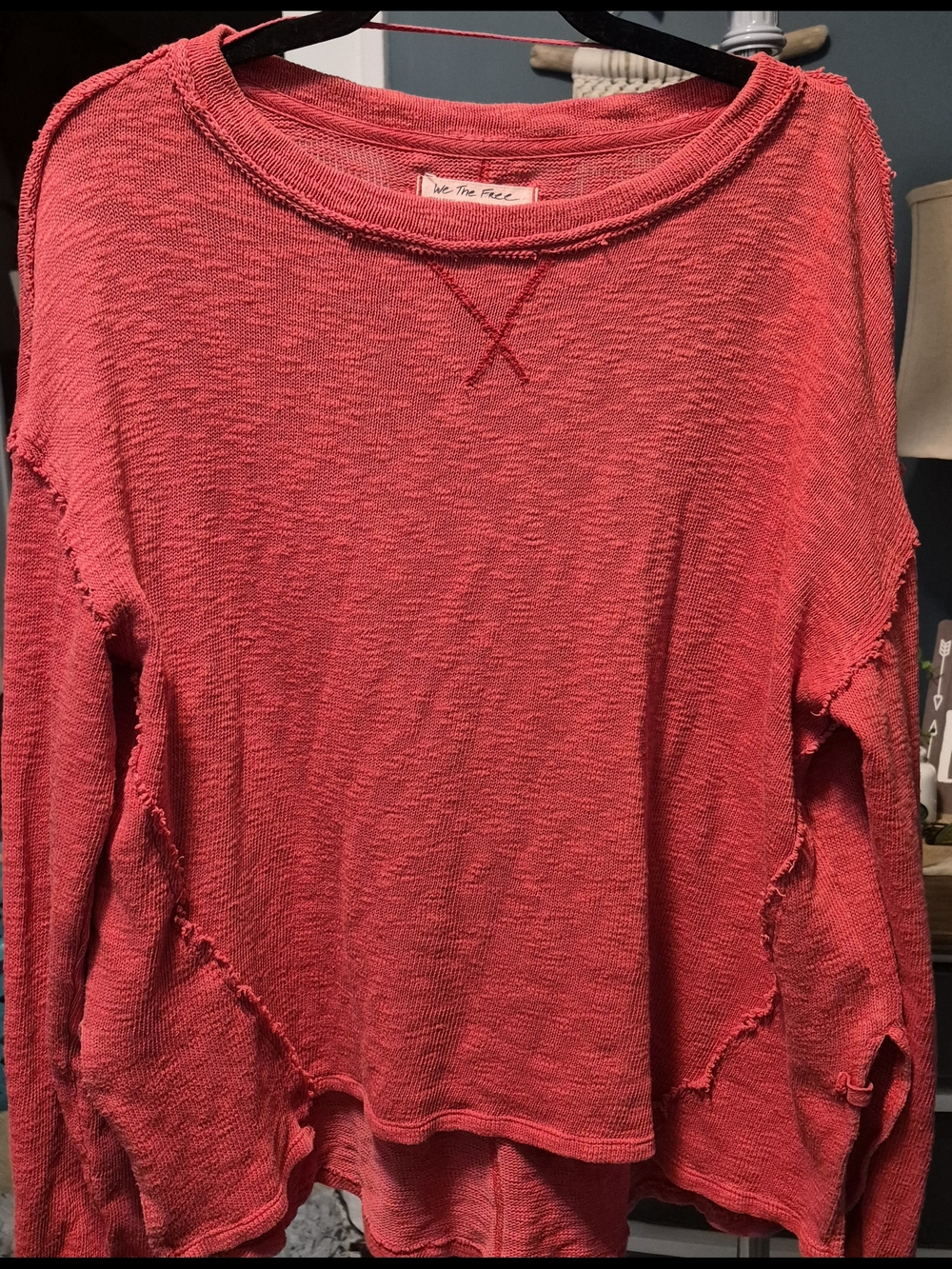 We The Free Coral-Red Distressed Long Sleeve Thermal Pullover Sz XS